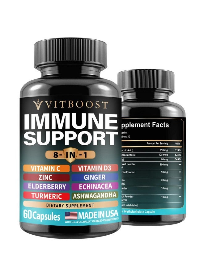 VITBOOST Elderberry Immune Support Supplement 8-in-1 Formula with Echinacea, Vitamin C & Zinc, Vitamin D 5000 IU, Turmeric, Ginger, Ashwagandha - 60 Capsules - Image 1