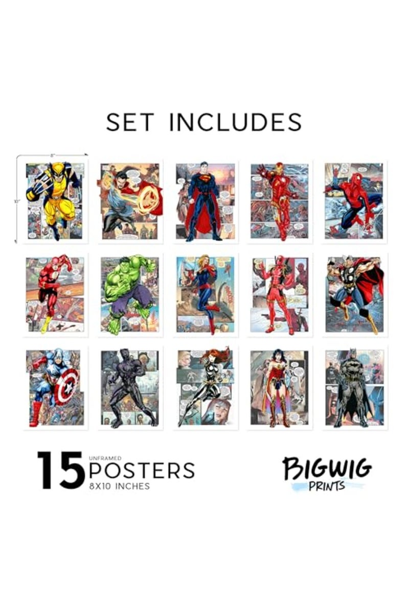 BigWig Prints Superhero Posters - Super Hero Room Decor for Boys, Superhero Bedroom Decor, Superhero Wall Decor, Comic Book Decor for Boys Room, Girls Superhero Room Decor - Unframed Set of 15 (8x10) - Image 2