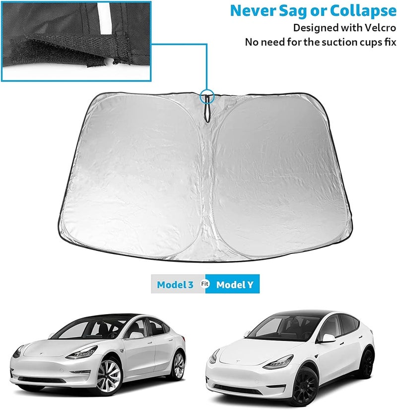 Showay Tesla Model Y Model 3 Windshield Sunshade - Folding Sun Visor Protector, 143 x 93CM, Black & Silver - Image 2