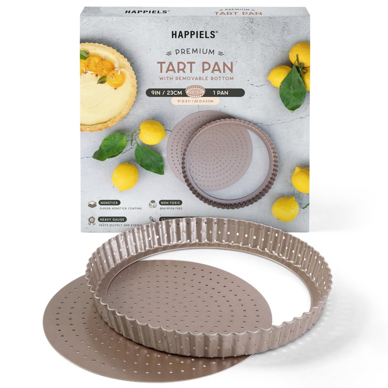 HAPPIELS Nonstick 9 Inch Tart Pan with Removable Bottom  PFOA  BPA Free Non Toxic Fluted Pie  Quiche Tin  Best Perforated Non Stick Nontoxic 9in Molds with Holes for Baking