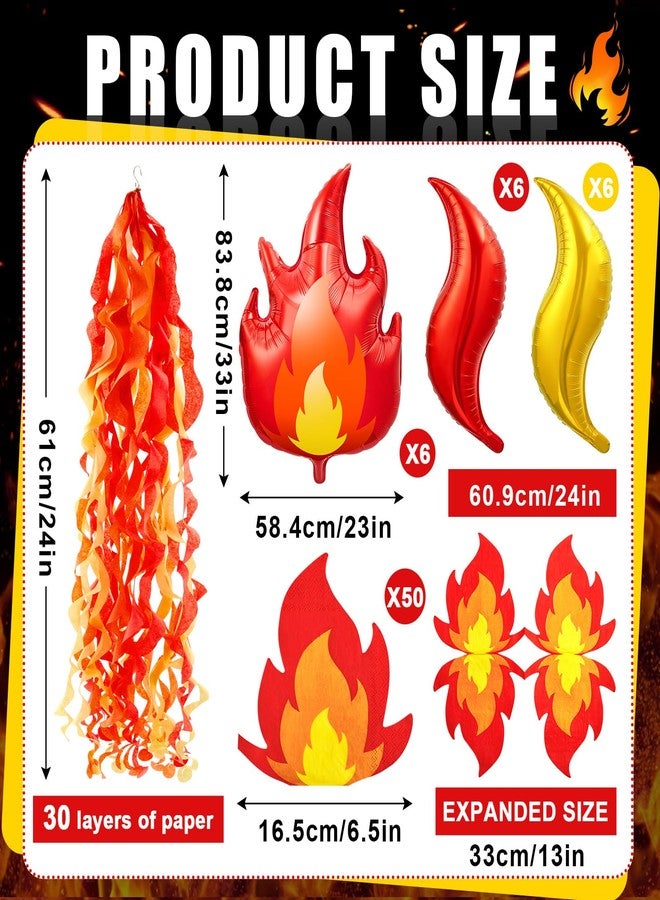 Blueweenly 74 Pcs Fire Party Decorations Include 18 Flame Balloons 6 Fire Paper Hanging Decorations and 50 Flame Napkins for Fireman Graduation Party Supplies - Image 2
