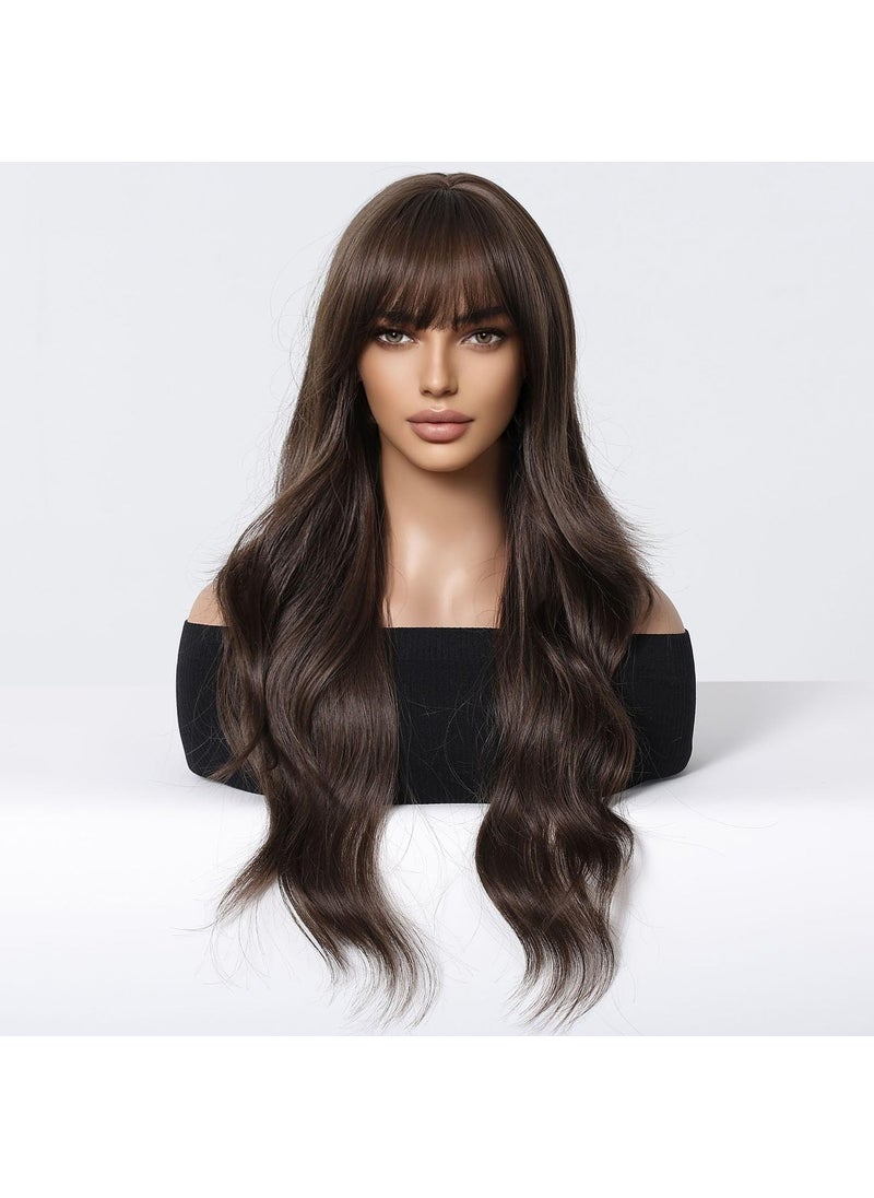 BERON BERON 26 Inches Brown Wig Long Wavy Wig Brown Wig with Bangs Synthetic Wig Long Wig Brown Wigs for Daily Party with Wig Cap 