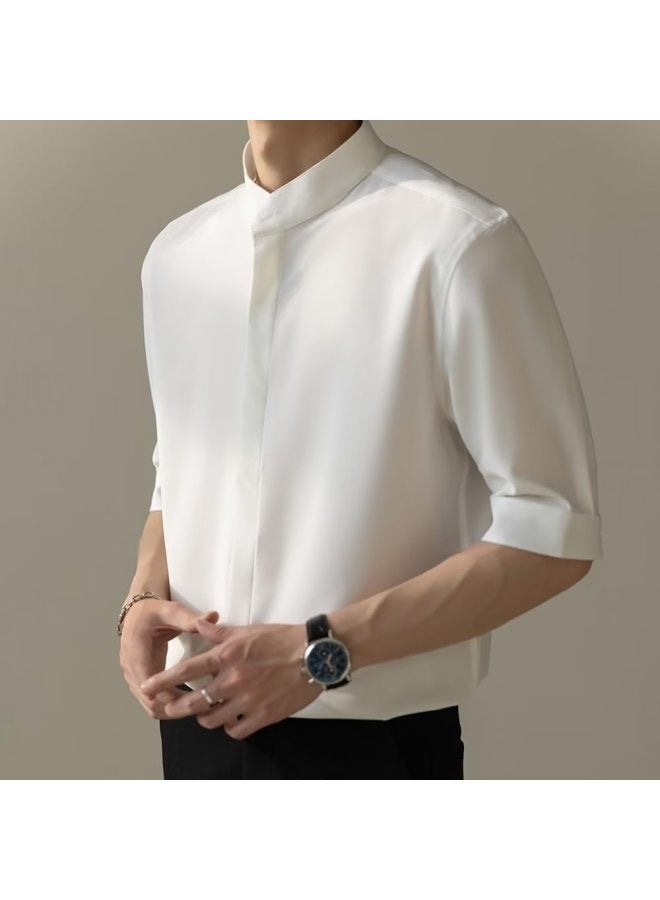 Fashion Thin Short-sleeve Shirt For Men, New Chinese Style Men's Slim Stand Collar Loose Ice Silk Half-sleeve Shirt
