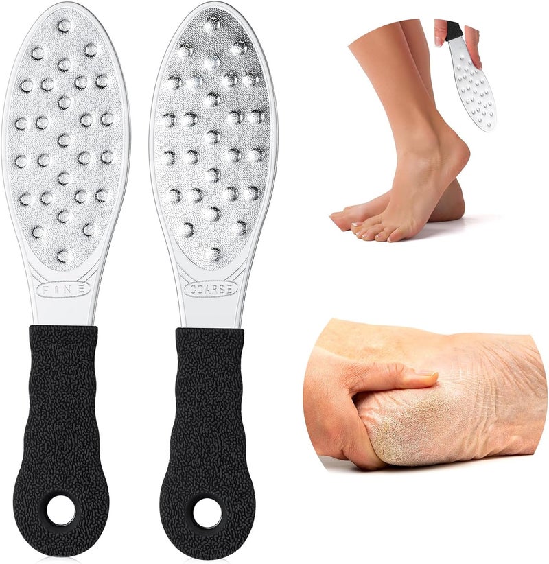 2 قطعة من كاشط القدم المصنوع من الفولاذ المقاوم للصدأ، ملف قدم معدني مزدوج الجوانب، مزيل الكالو، مبرد القدم الاحترافي، أداة باديكير سهلة التنظيف، كعب أسود