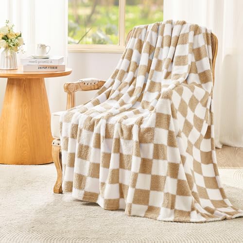 EMME Checkered Blanket Throw 50x60 Beige Knit Blanket Soft Fluffy Patterned Throw Blankets for Couch Sofa Chair Bed Camping Picnic Travel - Image 1