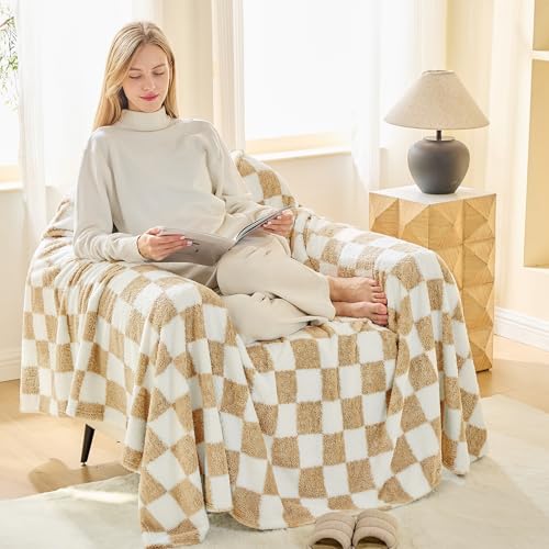 EMME Checkered Blanket Throw 50x60 Beige Knit Blanket Soft Fluffy Patterned Throw Blankets for Couch Sofa Chair Bed Camping Picnic Travel - Image 3