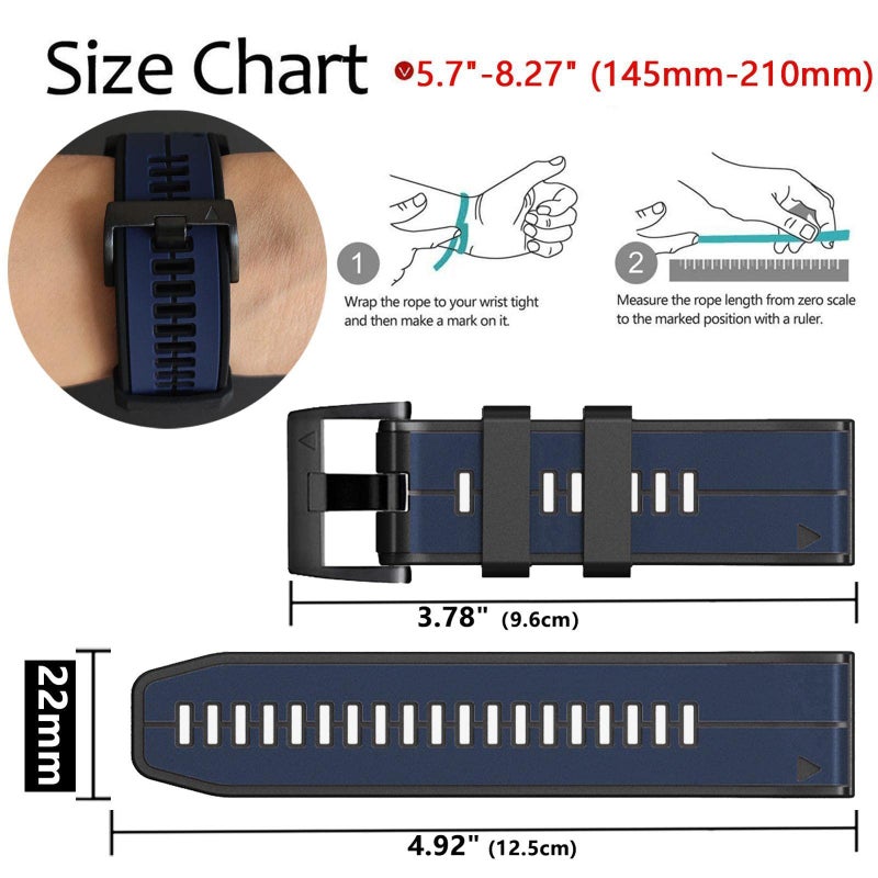Abanen Quick Fit 22mm Silicone Watch Bands for Garmin Forerunner 955 Fenix 7 epix 2 Fenix 5  Soft Sport Bicolor Waterproof Wristband Strap for Gramin Instinct 2 Solar/Instinct (Dark Blue-Black) - Image 4