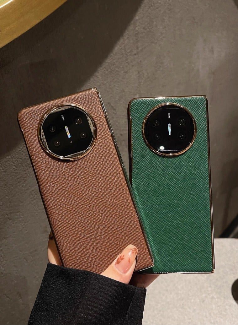 Huawei Matex2 Phone Case New Ultra-thin High-end Men's Leather All Inclusive Anti Drop Luxury High-end Phone Case Leather Cover [Leather Electroplating] cross pattern/green - Image 3