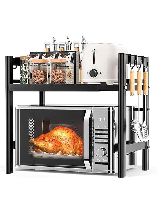 Microwave Stand, Microwave Oven Rack With 6 Hooks, Expandable Horizontal Extension Microwave Shelf, Kitchen Counter Organizer for Toaster Oven Rice Cooker - Image 1