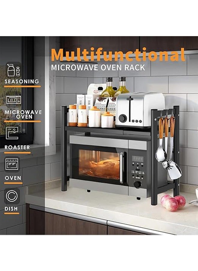 Microwave Stand, Microwave Oven Rack With 6 Hooks, Expandable Horizontal Extension Microwave Shelf, Kitchen Counter Organizer for Toaster Oven Rice Cooker - Image 2