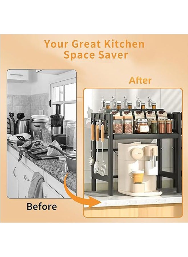 Microwave Stand, Microwave Oven Rack With 6 Hooks, Expandable Horizontal Extension Microwave Shelf, Kitchen Counter Organizer for Toaster Oven Rice Cooker - Image 3