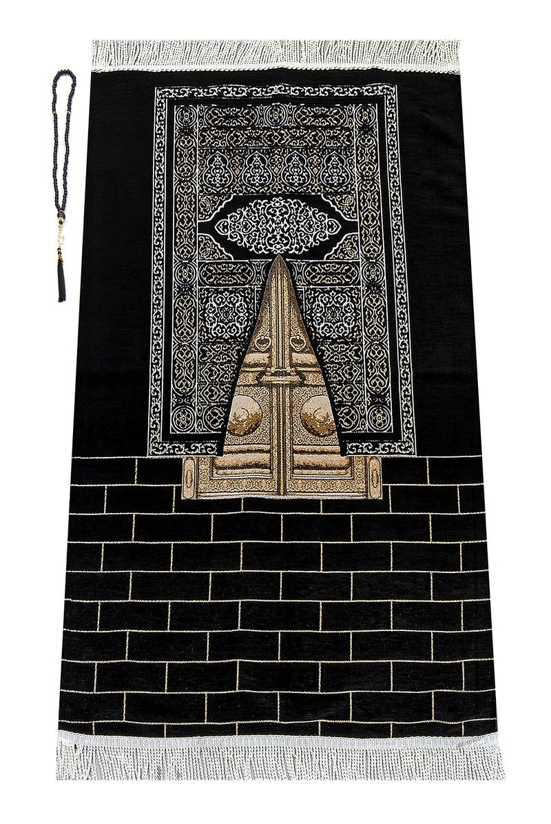 İhvan Online Muslim Prayer Rug with Prayer Beads  Janamaz  Sajadah  Soft Islamic Prayer Rug  Islamic Gifts  Prayer Carpet Mat Kaaba Door Pattern Chenille Fabric Black