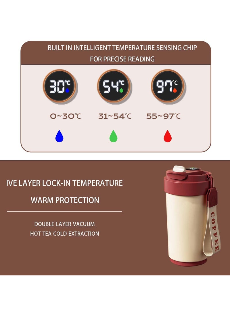 Cuken - Stainless Steel Interior Coffee Thermos Cup, 450ml Leak Proof Insulated Cup with Intelligent Temperature Display, Car, Hiking, Camping and Traveling Coffee Mugs (Red) - Image 1