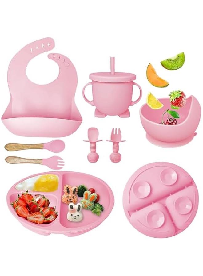 HOOKOR Silicone Baby Feeding Set Of 8, Baby Led Weaning Supplies with Suction Bowl Divided Plate, Toddler Self Feeding Dish Set with Spoons Forks Sippy Cup Adjustable Bib (Pink) - Image 1