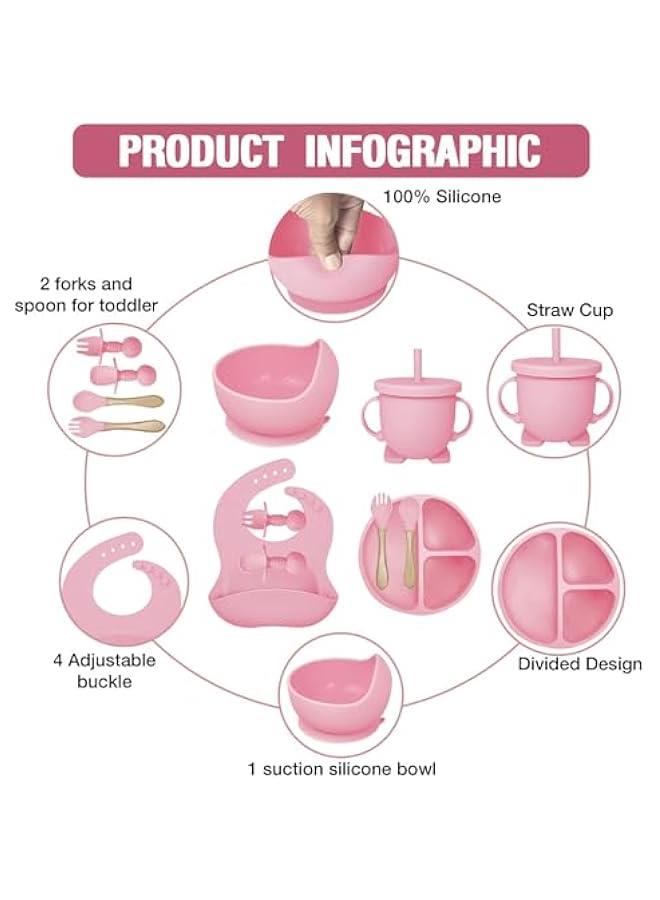 HOOKOR Silicone Baby Feeding Set Of 8, Baby Led Weaning Supplies with Suction Bowl Divided Plate, Toddler Self Feeding Dish Set with Spoons Forks Sippy Cup Adjustable Bib (Pink) - Image 4