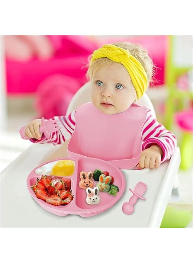 HOOKOR Silicone Baby Feeding Set Of 8, Baby Led Weaning Supplies with Suction Bowl Divided Plate, Toddler Self Feeding Dish Set with Spoons Forks Sippy Cup Adjustable Bib (Pink) - Image 5