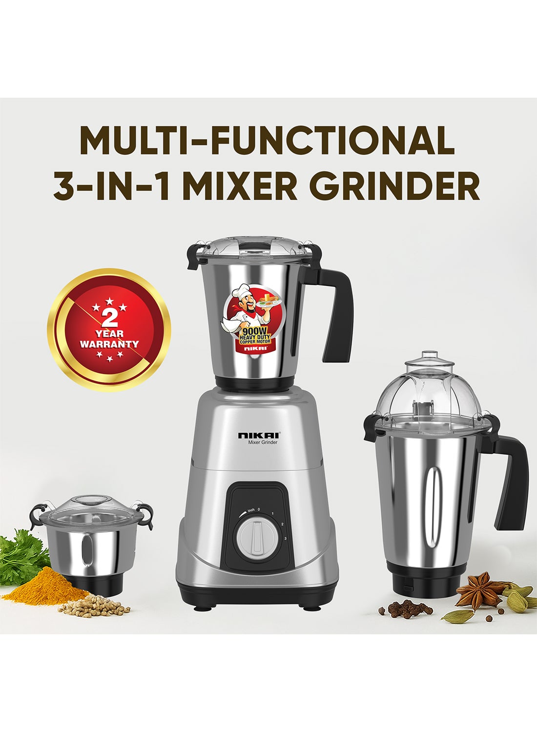 Nikai 3-in-1 Blender – 900W Heavy Duty Motor, 1.5L, 1L & 400ml Stainless Steel Jars, 3 Speeds with Pulse, Durable ABS Body, Made in India - NB984A 1.5 L 900 kW NB984A Silver