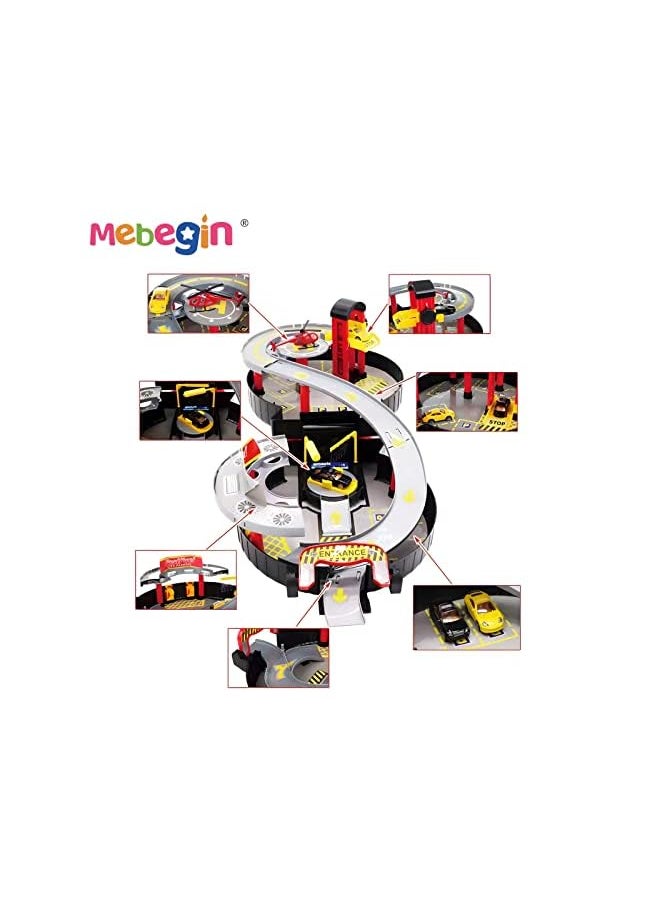 MEBEGIN - 27 Pcs Foldable Slide Car Toy Set, Tyre-shaped Parking Lot 4 Cars Pretend Play Car Toy, Plastic Parking Toy with Moving Elevator Circular Runway Ramps Toys for Kids 3+ - Image 1