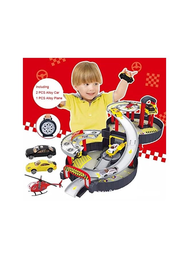 MEBEGIN - 27 Pcs Foldable Slide Car Toy Set, Tyre-shaped Parking Lot 4 Cars Pretend Play Car Toy, Plastic Parking Toy with Moving Elevator Circular Runway Ramps Toys for Kids 3+ - Image 1