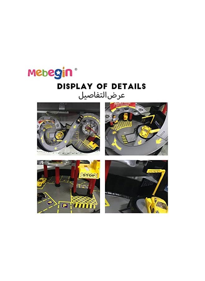 MEBEGIN - 27 Pcs Foldable Slide Car Toy Set, Tyre-shaped Parking Lot 4 Cars Pretend Play Car Toy, Plastic Parking Toy with Moving Elevator Circular Runway Ramps Toys for Kids 3+ - Image 1