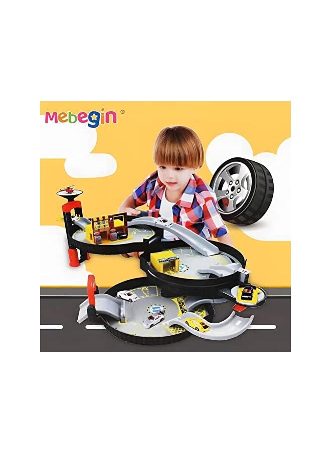 MEBEGIN - 27 Pcs Foldable Slide Car Toy Set, Tyre-shaped Parking Lot 4 Cars Pretend Play Car Toy, Plastic Parking Toy with Moving Elevator Circular Runway Ramps Toys for Kids 3+ - Image 1