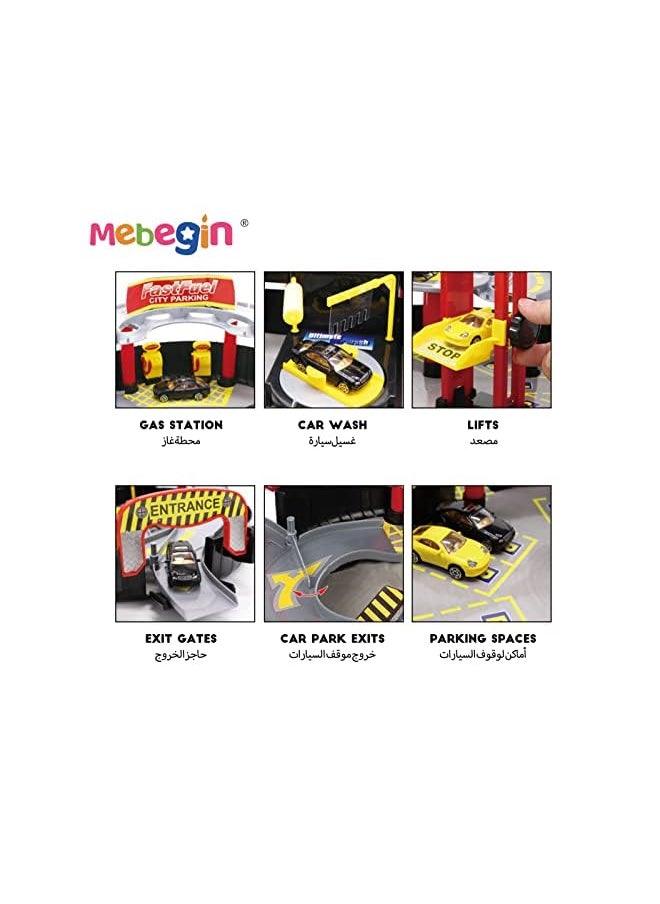 MEBEGIN - 27 Pcs Foldable Slide Car Toy Set, Tyre-shaped Parking Lot 4 Cars Pretend Play Car Toy, Plastic Parking Toy with Moving Elevator Circular Runway Ramps Toys for Kids 3+ - Image 1