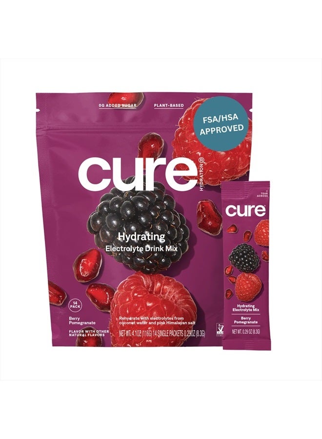 Cure Hydration Cure Hydrating Plant Based Electrolyte Mix | FSA & HSA Eligible | Powder for Dehydration Relief | Made with Coconut Water | Non-GMO | No Added Sugar | Vegan | Pouch of 14 Packets - Berry Pomegranate - Image 1