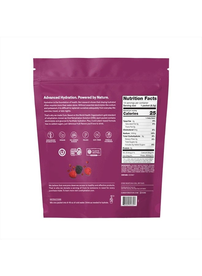 Cure Hydration Cure Hydrating Plant Based Electrolyte Mix | FSA & HSA Eligible | Powder for Dehydration Relief | Made with Coconut Water | Non-GMO | No Added Sugar | Vegan | Pouch of 14 Packets - Berry Pomegranate - Image 2