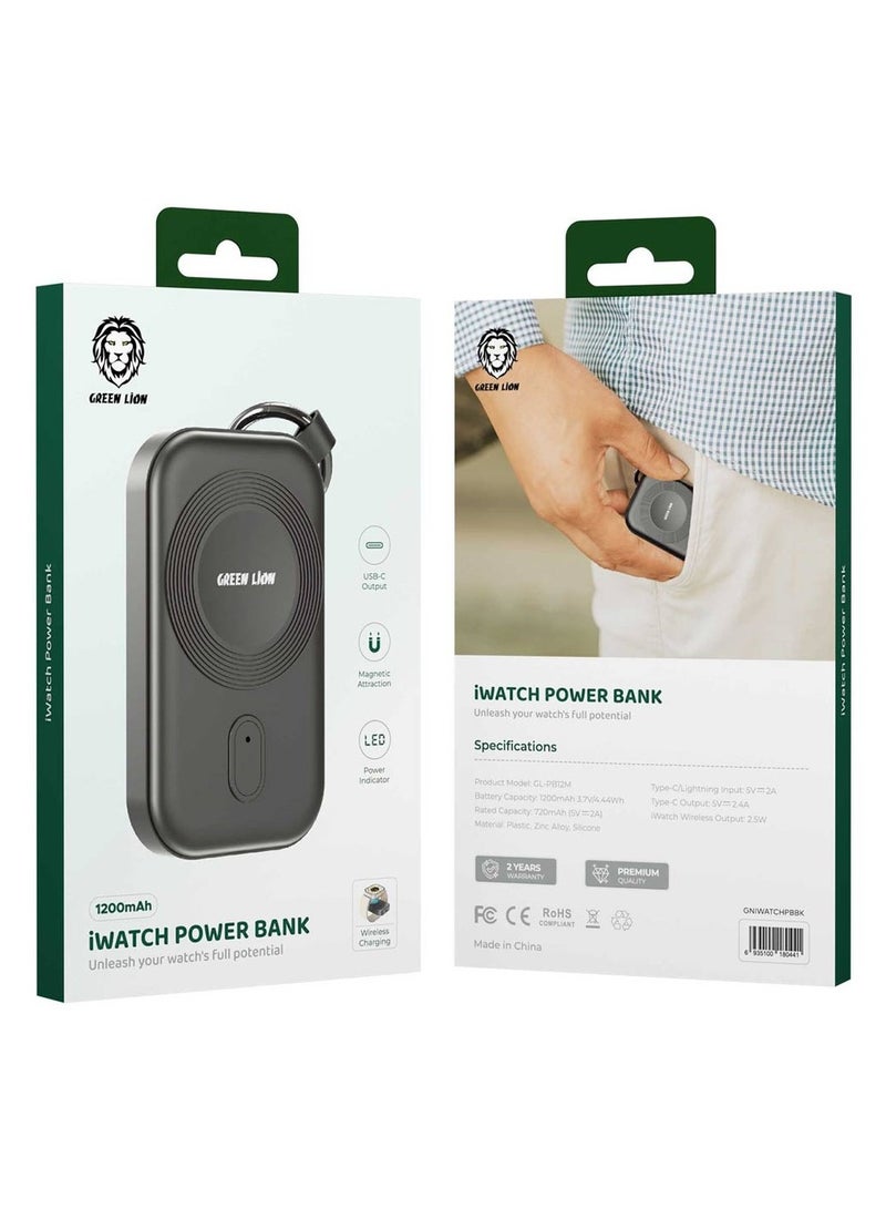 Green Lion Apple Watch Power Bank 1200mAh, Fast Charging, LED Indicator, USB-C Output, Wireless Charging, Portable Magnetic Wireless Charger For Apple Watch Series 10/9/8/7/6/5/4/3/SE/Ultra - Black