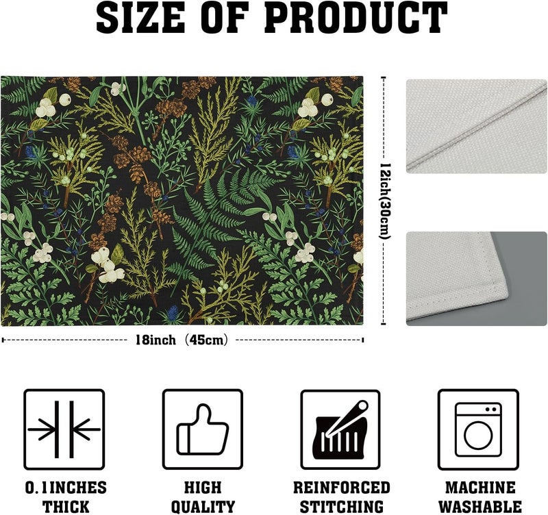 aportt Green Leaves Placemats Set of 6 Botanical Fern Leaf Floral Place Mats Washable Kitchen Dining Spring Summer Black Linen Table Mats Stain HeatResistant for Home Party Indoor 12x18 in - Image 4