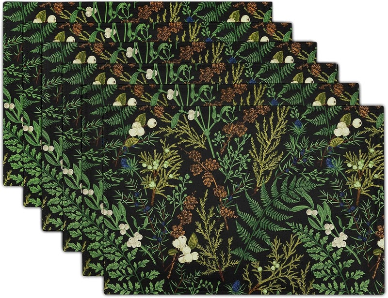 aportt Green Leaves Placemats Set of 6 Botanical Fern Leaf Floral Place Mats Washable Kitchen Dining Spring Summer Black Linen Table Mats Stain HeatResistant for Home Party Indoor 12x18 in - Image 1