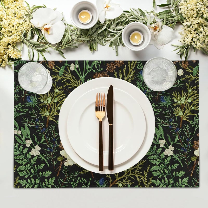 aportt Green Leaves Placemats Set of 6 Botanical Fern Leaf Floral Place Mats Washable Kitchen Dining Spring Summer Black Linen Table Mats Stain HeatResistant for Home Party Indoor 12x18 in - Image 3