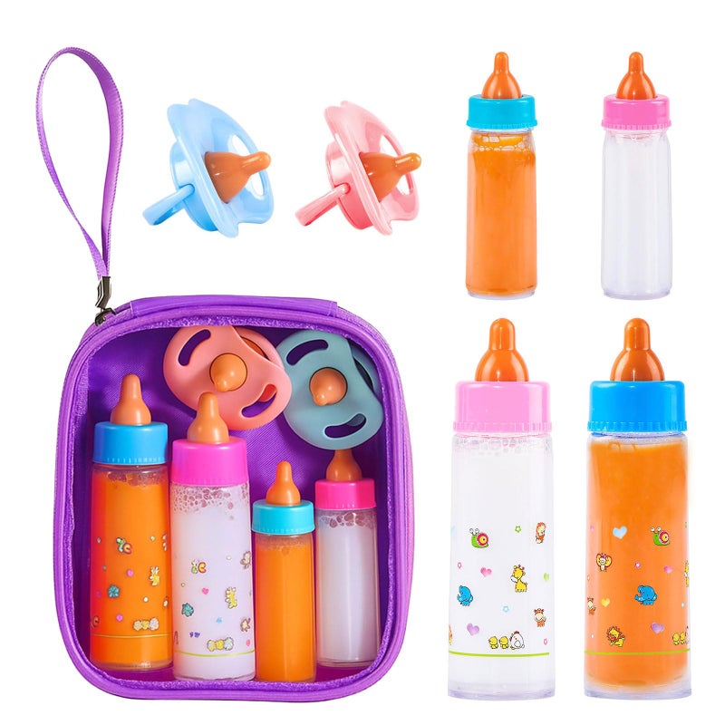 SCOM Baby Doll Bottle Accessories 6 Pcs Feeding Bottle Toys Magic Disappearing Milk Juice Pretend Play Set with Pacifiers Kids Gift Purple - Image 3