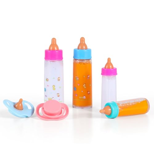 SCOM Baby Doll Bottle Accessories 6 Pcs Feeding Bottle Toys Magic Disappearing Milk Juice Pretend Play Set with Pacifiers Kids Gift Purple - Image 5