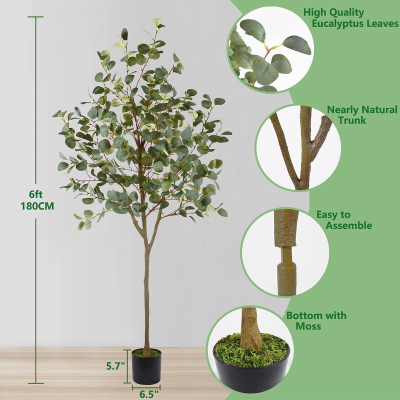 Warmplants Artificial Eucalyptus Tree, 6ft Tall Fake Eucalyptus Plant with Basket, Green Silver Dollars Silk Leaves Faux Tree for Home Office Livingroom Floor Decor Indoor - Image 4