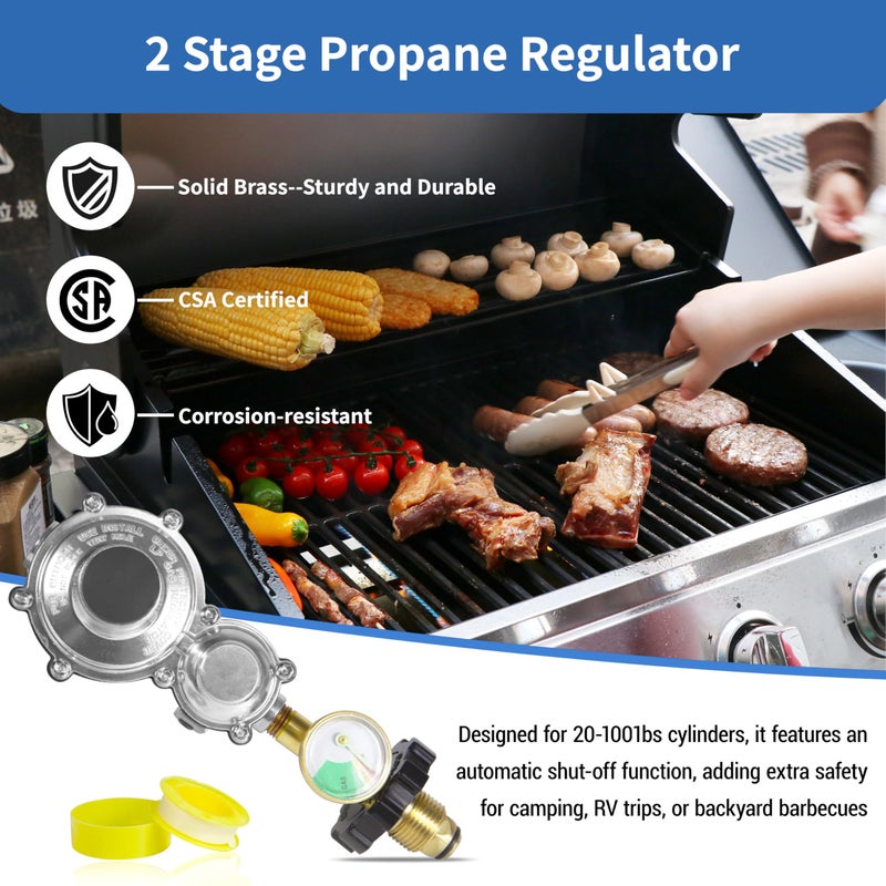 Feirenql 2 Stage Propane Regulator with Gauge and POL, 3/8" Female NPT for 20 to 100lb Tank, Propane Tank Regulator Compatible with Gas Grill, RV, Heater, Generator - Image 2