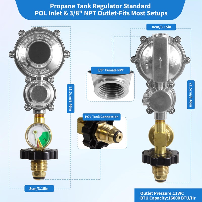 Feirenql 2 Stage Propane Regulator with Gauge and POL, 3/8" Female NPT for 20 to 100lb Tank, Propane Tank Regulator Compatible with Gas Grill, RV, Heater, Generator - Image 4
