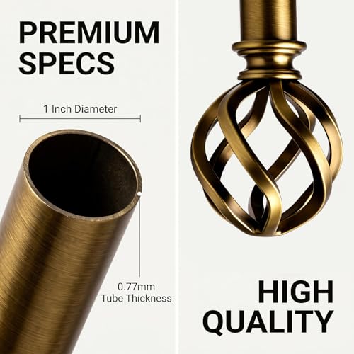 WORLD RODS Brass Curtain Rods 18 to 88 Inches, 1 Inch Modern Drapery Rods, Adjustable Heavy Duty Curtain Rod, with Twisted Cage Finial for Home & Office (18"-88" Antique Brass) - Image 4
