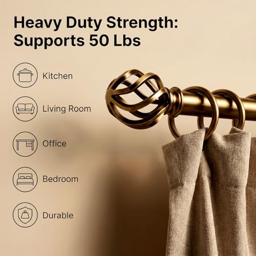 WORLD RODS Brass Curtain Rods 18 to 88 Inches, 1 Inch Modern Drapery Rods, Adjustable Heavy Duty Curtain Rod, with Twisted Cage Finial for Home & Office (18"-88" Antique Brass) - Image 3