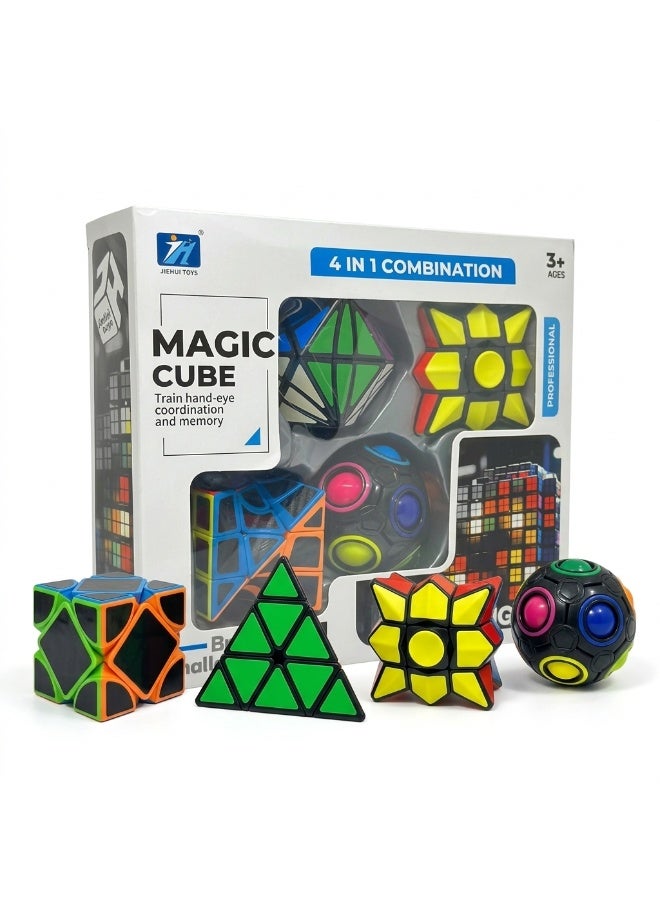ماجيك كيوب طقم ألغاز مكعبات التحدي السحري 4 في 1 - مجموعة ألعاب ذكاء احترافية لتدريب التنسيق بين اليد والعين والذاكرة - تتضمن مكعب الهرم، مكعب النجمة، مكعب غير منتظم، والكرة اللغز - مناسب للأعمار من 3 سنوات فما فوق - هدية مثالية للأطفال والبالغين - Image 1