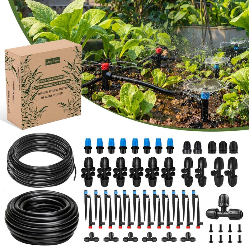 Spalolen Drip Irrigation System Push-to-Connect Garden Watering System Kit for Raised Beds, Expandable DIY Drip Irrigation Kit with 1/2" & 1/4" Tubing, Adjustable Emitters, Leak-Proof Connectors - Image 1