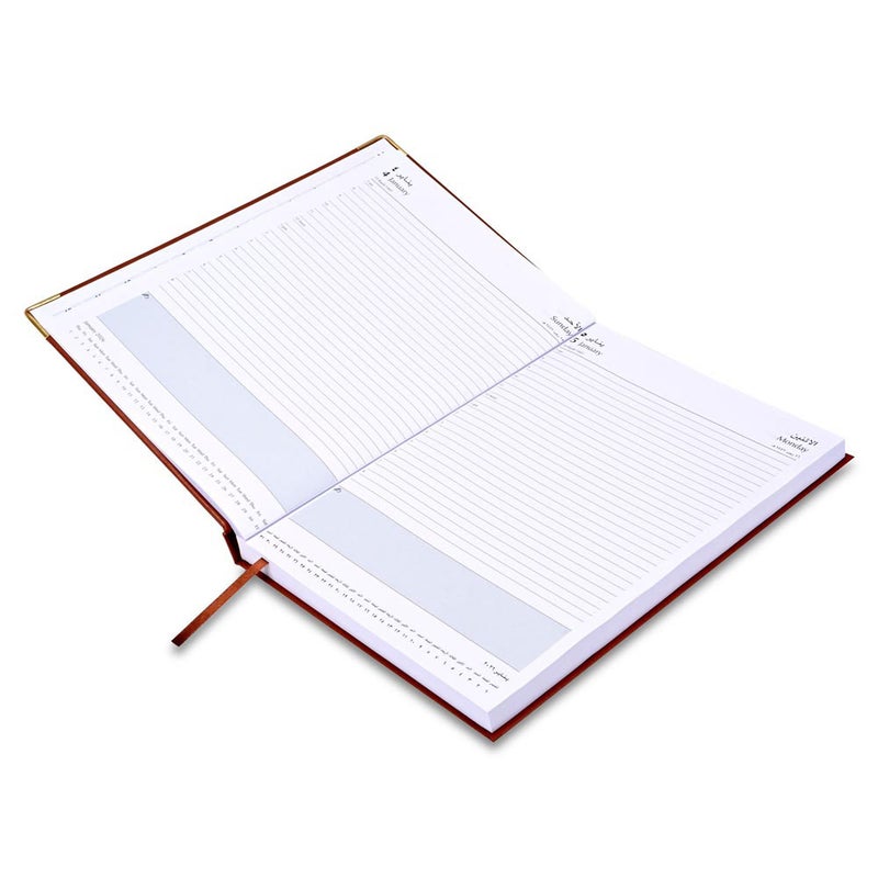 FIS مفكرة FIS 2026 بحجم A4، 210x297 مم، جانب واحد مبطن بالفينيل، زوايا ذهبية، تنسيق يوم واحد في الصفحة، إنجليزي/عربي، ورق أبيض 60 جرام، غلاف بني - FSDI42AE26BR - Image 3