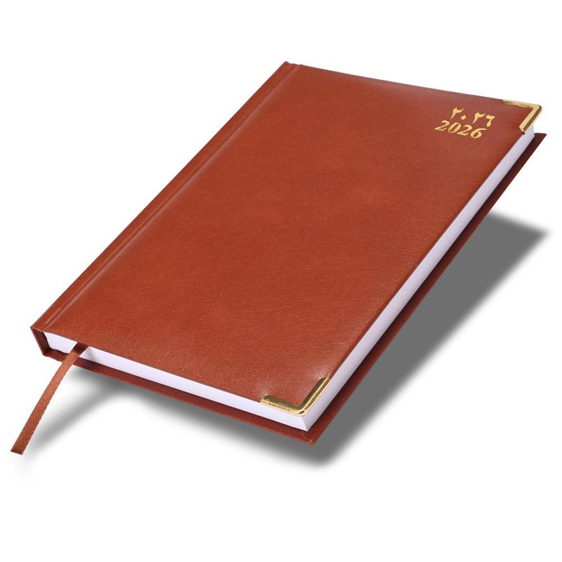 FIS مفكرة FIS 2026 بحجم A4، 210x297 مم، جانب واحد مبطن بالفينيل، زوايا ذهبية، تنسيق يوم واحد في الصفحة، إنجليزي/عربي، ورق أبيض 60 جرام، غلاف بني - FSDI42AE26BR - Image 1