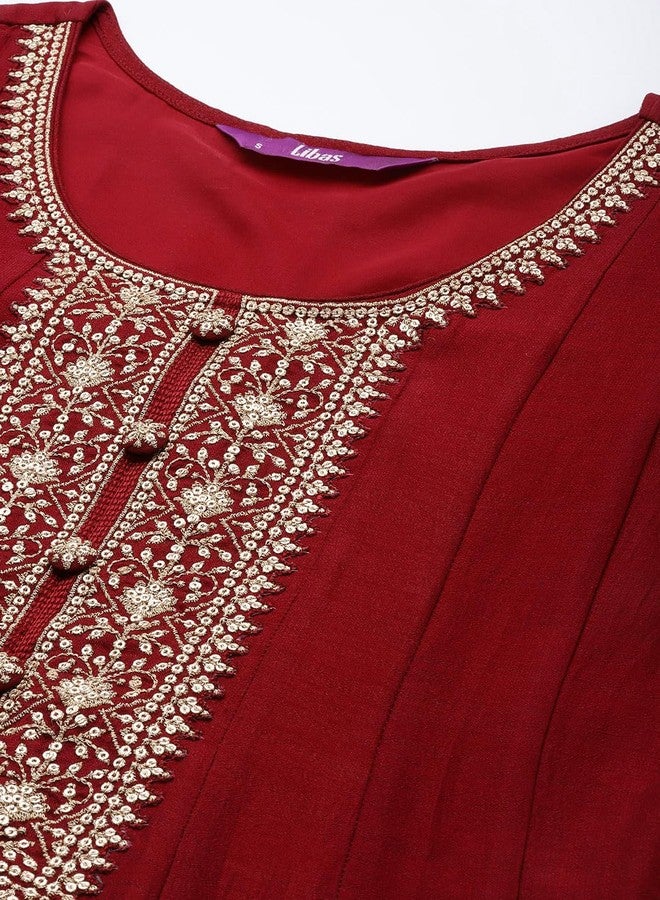لباس طقم كورتة أناركالي من مزيج الحرير المطرز باللون العنابي من ليباس للنساء (33463ORXL) - Image 4