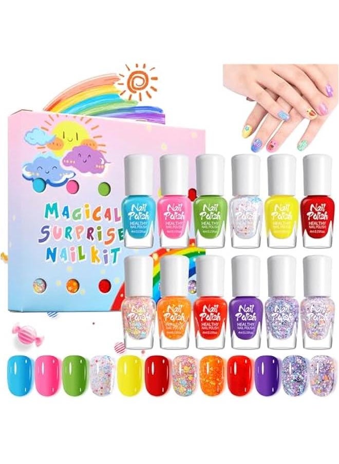 Beauenty Kids Nail Polish, 12 Colors Non-Toxic Water Based Peel-Off Nail Polish Set with 3 Stickers, Non Toxic & Safe Nail Polish Set for Girls Ages 5+ for Parties, Birthday and Makeovers (12Colors)  - Image 1