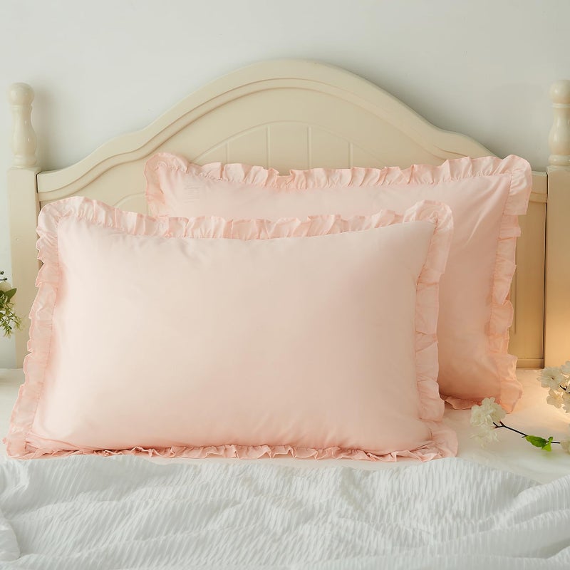 Ranznaz Pink Ruffle Pillow Cases Set of 2  100% Cotton King Size Farmhouse Pillow Shams with Envelope Closure  Elegant Vintage Pillow Covers for Bedding  20 x 36 inches - Image 1
