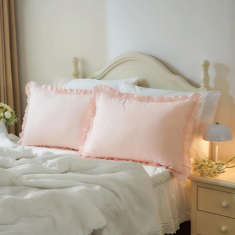 Ranznaz Pink Ruffle Pillow Cases Set of 2  100% Cotton King Size Farmhouse Pillow Shams with Envelope Closure  Elegant Vintage Pillow Covers for Bedding  20 x 36 inches - Image 2