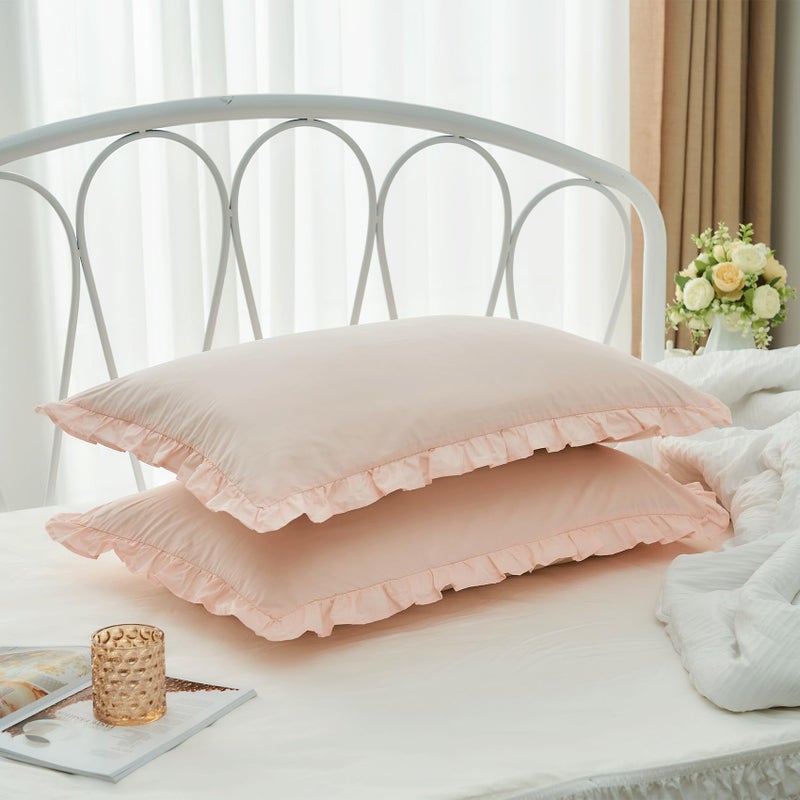 Ranznaz Pink Ruffle Pillow Cases Set of 2  100% Cotton King Size Farmhouse Pillow Shams with Envelope Closure  Elegant Vintage Pillow Covers for Bedding  20 x 36 inches - Image 3