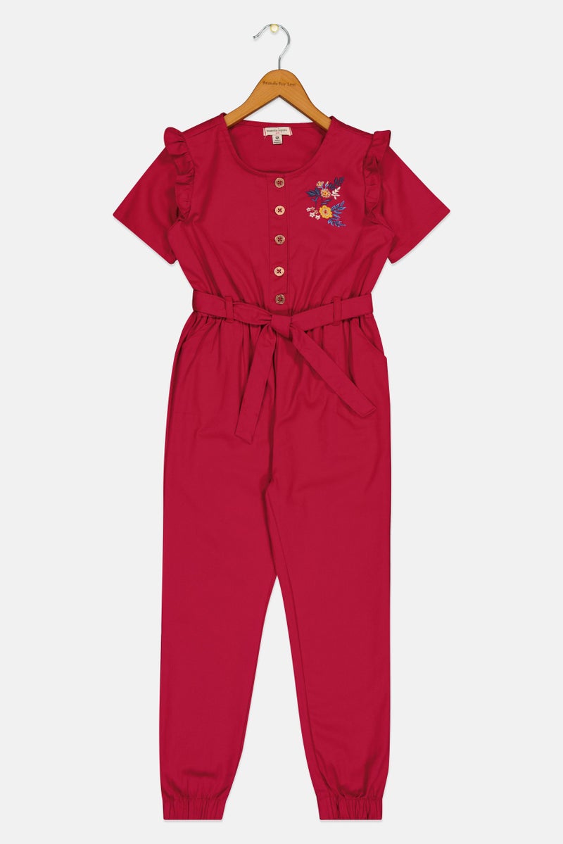 Nanette lepore Kids Girl Embroidered Short Sleeve Jumpsuit, Burgundy - Image 2