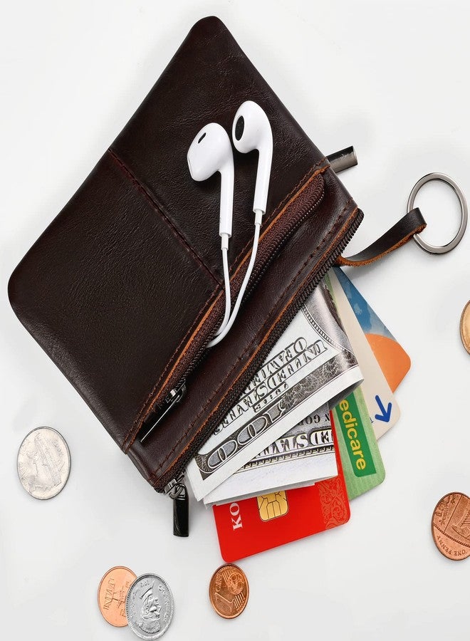 Lidwot Dark Brown Genuine Leather Wallet,Mini Zip Change Purse Women,Key Wallet,Coin Purse Women,Small Wallet Coin Pouch,Leather Coin Pouch with KeyChain 3 Zippers.1 Piece - Image 5